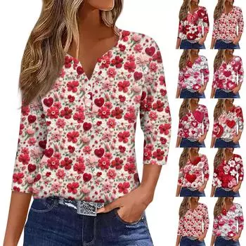 Женская повседневная футболка с пуговицами, V-образным вырезом, семью рукавами и принтом ко Дню святого Валентина L