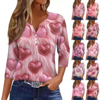 Женская повседневная футболка с пуговицами, V-образным вырезом, семью рукавами и принтом ко Дню святого Валентина L горячий розовый
