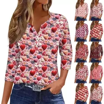 Женская повседневная футболка с пуговицами, V-образным вырезом, семью рукавами и принтом ко Дню святого Валентина XXL винный