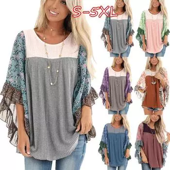 Женская повседневная футболка с расклешенными рукавами и круглым вырезом, свободные топы, лоскутные рубашки с принтом S чёрный