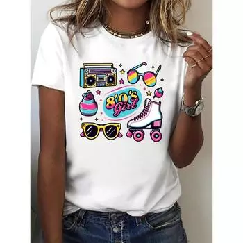 Женская повседневная футболка с рисунком из мультфильма, летняя уличная универсальная женская футболка с короткими рукавами, белая, микроэластичная, простая дышащая S