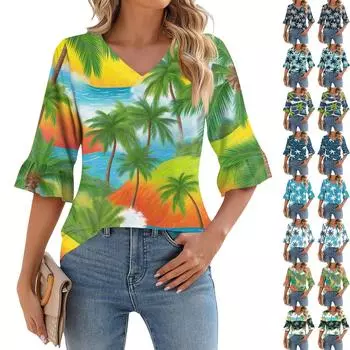 Женская повседневная футболка с рукавом 3/4, летняя футболка с V-образным вырезом и пышными рукавами, гавайский принт L армия зеленый