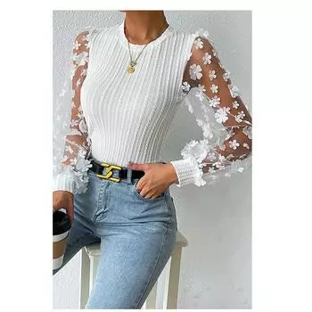 Женская повседневная футболка с сетчатыми рукавами и круглым вырезом, рубашка S белый