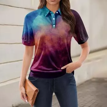 Женская повседневная футболка с v-образным вырезом и коротким рукавом с цветочным принтом и декоративными пуговицами, топ L темно-фиолетового