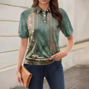 Женская повседневная футболка с v-образным вырезом и коротким рукавом с цветочным принтом и декоративными пуговицами, топ L армия зеленый