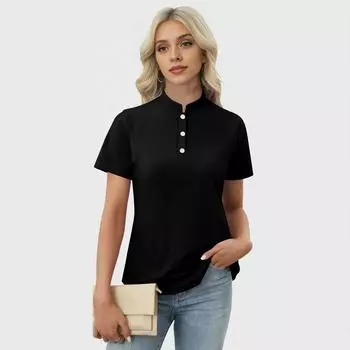 Женская повседневная футболка с v-образным вырезом и коротким рукавом с цветочным принтом и декоративными пуговицами, топ L чёрный