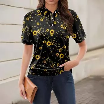 Женская повседневная футболка с v-образным вырезом и коротким рукавом с цветочным принтом и декоративными пуговицами, топ L чёрный