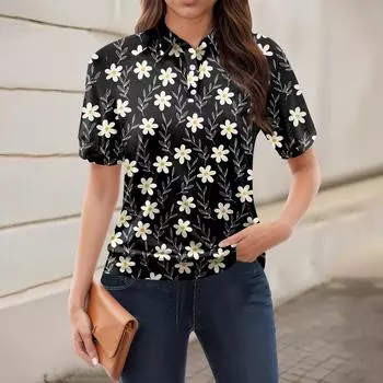 Женская повседневная футболка с v-образным вырезом и коротким рукавом с цветочным принтом и декоративными пуговицами, топ L