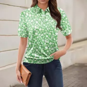 Женская повседневная футболка с v-образным вырезом и коротким рукавом с цветочным принтом и декоративными пуговицами, топ L армия зеленый