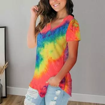 Женская повседневная футболка с v-образным вырезом и коротким рукавом, футболка с принтом Tie Dye, свободный крой, пуловер, топы, уличная одежда S синий