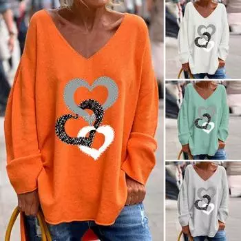 Женская повседневная футболка с v-образным вырезом, пуловер с длинными рукавами, топы со стразами и сердечным узором, свободная футболка, уличная одежда S серый