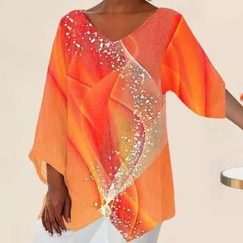 Женская повседневная футболка с v-образным вырезом и принтом звездного неба, 45355, рукава, неровный подол, свободный пуловер, топы XL фиолетовый