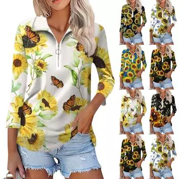 Женская повседневная футболка с v-образным вырезом и семью рукавами, пуловер с половиной молнии и принтом подсолнечника L чёрный