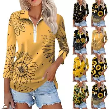 Женская повседневная футболка с v-образным вырезом и семью рукавами, пуловер с половиной молнии и принтом подсолнечника L чёрный
