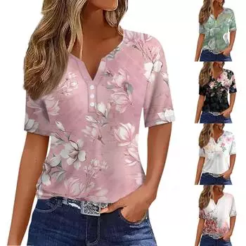 Женская повседневная футболка с v-образным вырезом и коротким рукавом с цветочным принтом и декоративными пуговицами, топ L чёрный