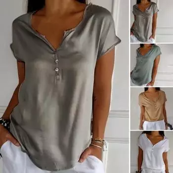 Женская повседневная футболка с v-образным вырезом и пуговицами, футболка с коротким рукавом, однотонная свободная посадка 4XL серый