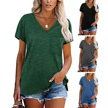 Женская повседневная футболка с v-образным вырезом и коротким рукавом, пуловер с боковым разрезом, топы, однотонный накладной карман S серый