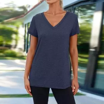 Женская повседневная футболка с v-образным вырезом и короткими рукавами, пуловер, однотонная футболка свободного покроя, летние эластичные топы, уличная одежда 2XL армия зеленый