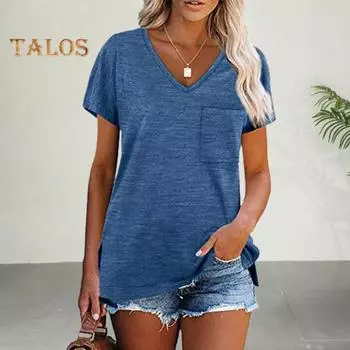 Женская повседневная футболка с v-образным вырезом и коротким рукавом, пуловер с боковым разрезом, топы, однотонная футболка с накладным карманом, свободная посадка, летние эластичные топы, уличная одежда 2XL серый