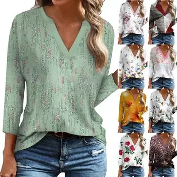 Женская повседневная футболка с v-образным вырезом и рукавами 3/4, свободный пуловер с принтом L светло-серый