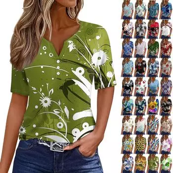 Женская повседневная футболка с v-образным вырезом и короткими рукавами, декоративная футболка на пуговицах, топ L