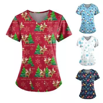 Женская повседневная футболка с v-образным вырезом и рождественским принтом больших размеров, рабочая одежда с карманами S красный