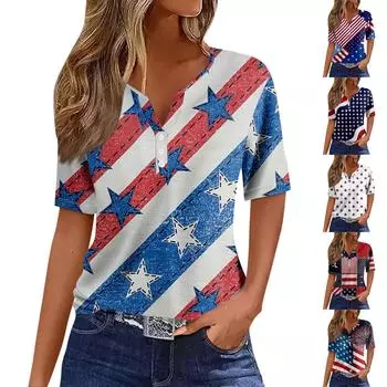 Женская повседневная футболка с v-образным вырезом и короткими рукавами, декоративная футболка на пуговицах, топ XXXL синий