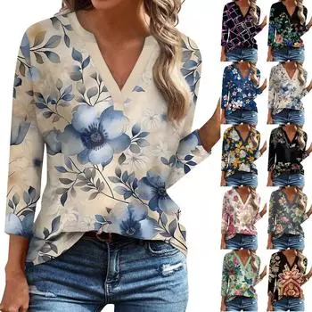 Женская повседневная футболка с v-образным вырезом и рукавами 3/4, свободный пуловер с принтом L