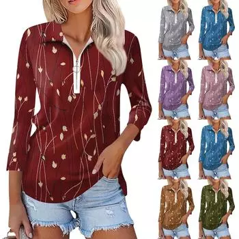 Женская повседневная футболка с v-образным вырезом и семью рукавами, пуловер с половиной молнии и цветочным принтом, топ L