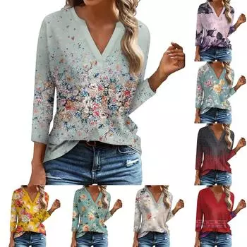 Женская повседневная футболка с v-образным вырезом и рукавами 3/4, свободный пуловер с принтом XXL