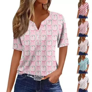 Женская повседневная футболка с v-образным вырезом и коротким рукавом с цветочным принтом и декоративными пуговицами, топ L горячий розовый