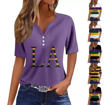 Женская повседневная футболка с v-образным вырезом и коротким рукавом с цветочным принтом и декоративными пуговицами, топ L чёрный