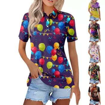 Женская повседневная футболка с v-образным вырезом и коротким рукавом с цветочным принтом и декоративными пуговицами, топ L