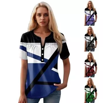 Женская повседневная футболка с v-образным вырезом и коротким рукавом с цветочным принтом и декоративными пуговицами, топ L армия зеленый