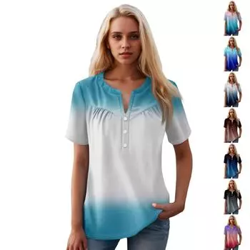 Женская повседневная футболка с v-образным вырезом и коротким рукавом с цветочным принтом и декоративными пуговицами, топ L кофейный