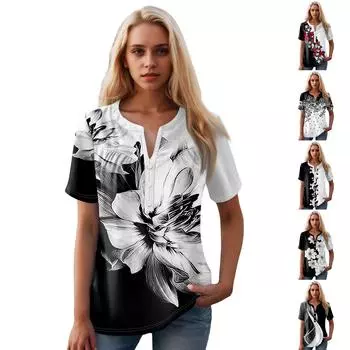 Женская повседневная футболка с v-образным вырезом и коротким рукавом с цветочным принтом и декоративными пуговицами, топ L чёрный