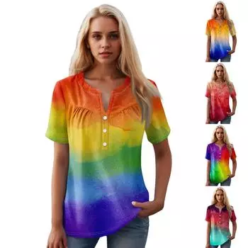 Женская повседневная футболка с v-образным вырезом и коротким рукавом с цветочным принтом и декоративными пуговицами, топ L темно-фиолетового