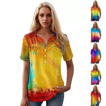 Женская повседневная футболка с v-образным вырезом и коротким рукавом с цветочным принтом и декоративными пуговицами, топ L золотой