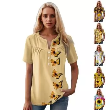 Женская повседневная футболка с v-образным вырезом и коротким рукавом с цветочным принтом и декоративными пуговицами, топ XL верблюд