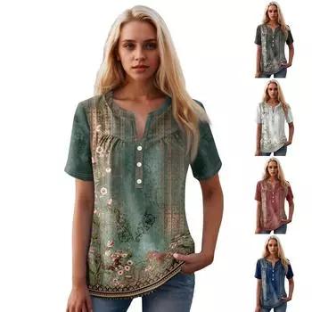 Женская повседневная футболка с v-образным вырезом и коротким рукавом с цветочным принтом и декоративными пуговицами, топ L армия зеленый