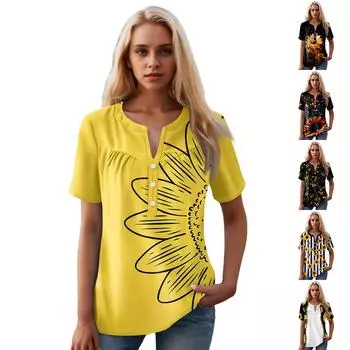 Женская повседневная футболка с v-образным вырезом и коротким рукавом с цветочным принтом и декоративными пуговицами, топ S