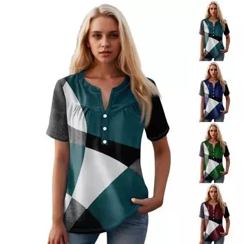 Женская повседневная футболка с v-образным вырезом и коротким рукавом с цветочным принтом и декоративными пуговицами, топ L армия зеленый