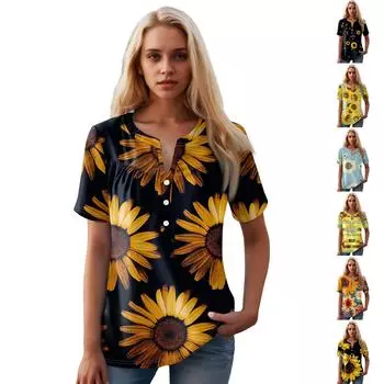 Женская повседневная футболка с v-образным вырезом и коротким рукавом с цветочным принтом и декоративными пуговицами, топ XXL чёрный