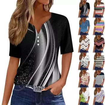 Женская повседневная футболка с v-образным вырезом и короткими рукавами, декоративная футболка на пуговицах, топ M темно-синий