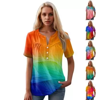 Женская повседневная футболка с v-образным вырезом и коротким рукавом с цветочным принтом и декоративными пуговицами, топ XXL