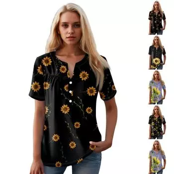 Женская повседневная футболка с v-образным вырезом и коротким рукавом с цветочным принтом и декоративными пуговицами, топ XXL
