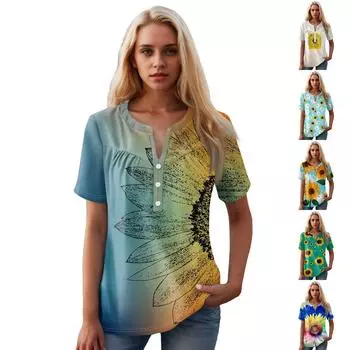 Женская повседневная футболка с v-образным вырезом и коротким рукавом с цветочным принтом и декоративными пуговицами, топ L