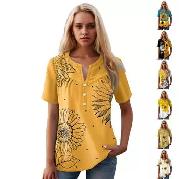 Женская повседневная футболка с v-образным вырезом и коротким рукавом с цветочным принтом и декоративными пуговицами, топ S чёрный