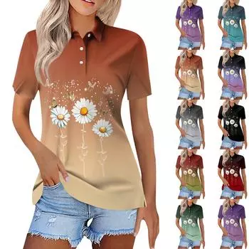 Женская повседневная футболка с v-образным вырезом и коротким рукавом с цветочным принтом и декоративными пуговицами, топ XL зелёный