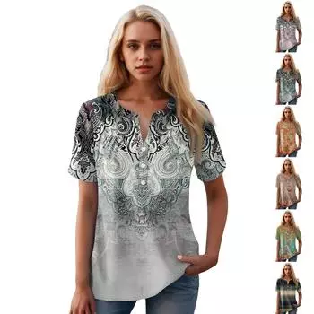 Женская повседневная футболка с v-образным вырезом и коротким рукавом с цветочным принтом и декоративными пуговицами, топ XXXL